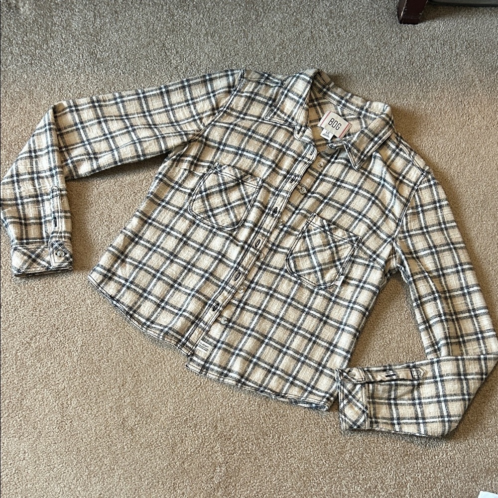 BDG Beige Plaid Button-Up Flannel Shirt